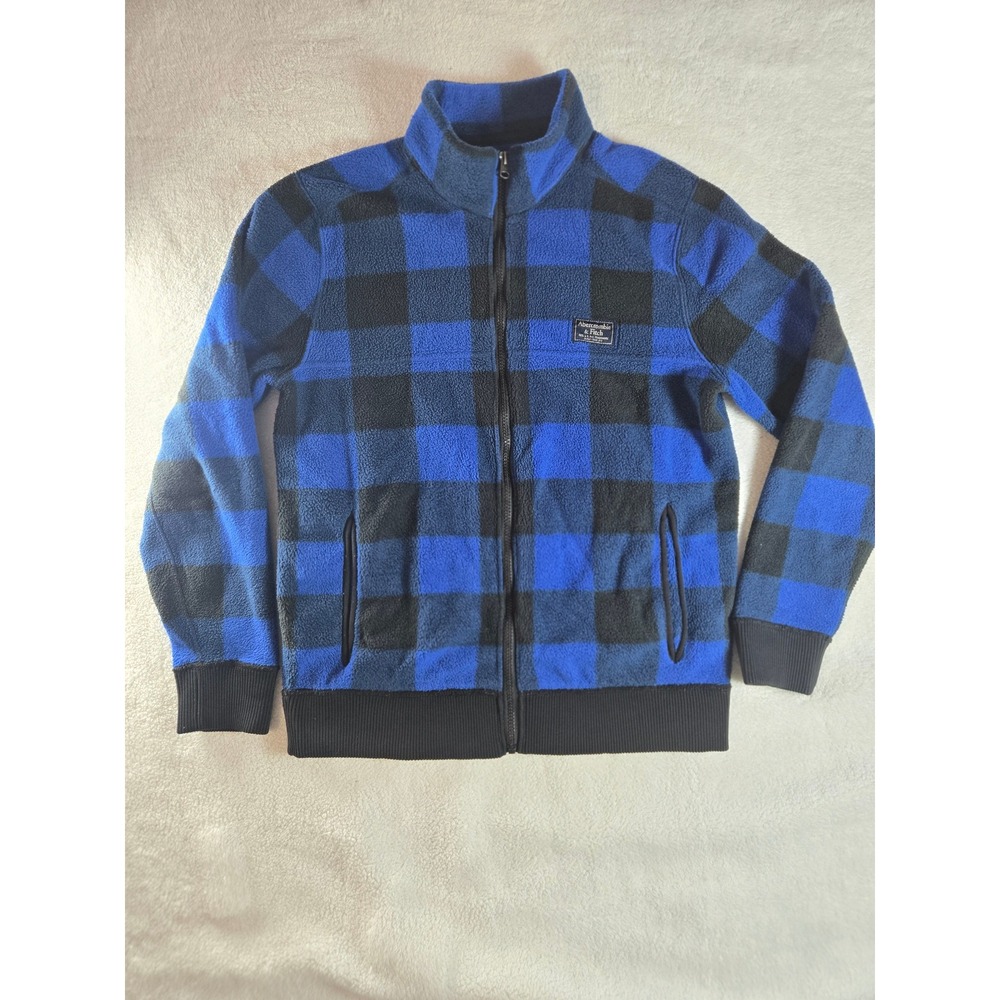 Abercrombie & Fitch Mens Blue Black Buffalo Plaid Full Zip Fleece Jacket Small